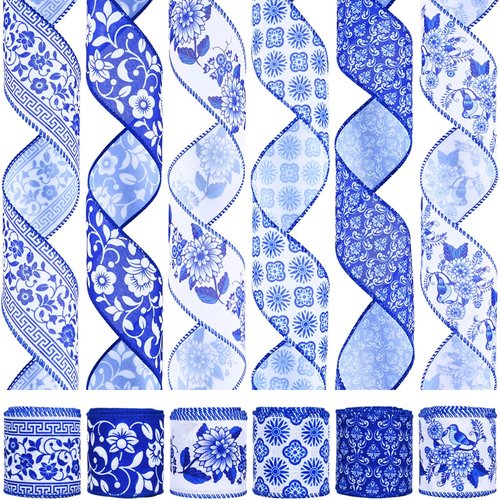 30 Yards Christmas White and Blue Wired Edge Ribbon Chinoiserie Ribbon Floral Bird Ribbon Fabric Ribbons for Crafts Wedding Wreath Bow Wrapping 2.52 Inches by 5 Yards