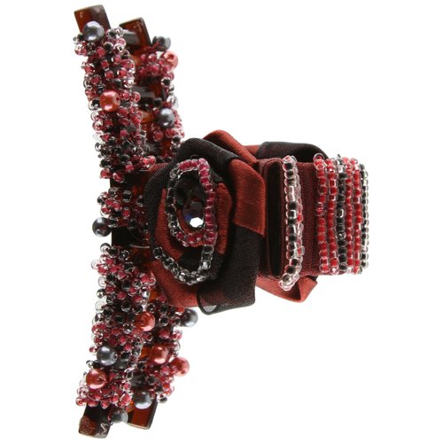 Caravan Hair Claw Decorated In Two (2) Tone Wrapped Rose And Multiple Beads In Red And Black