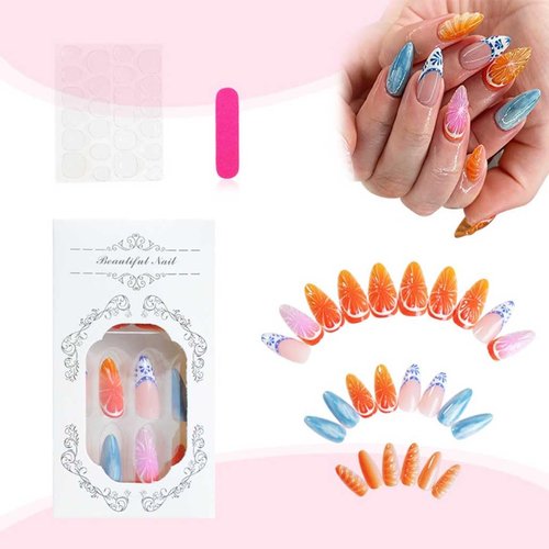 Foccna French Tip Press on Nails Almond Acrylic Fake Nails Medium Long Summer Nails Luxury Clear Colorful False Nail Tips- 24pcs