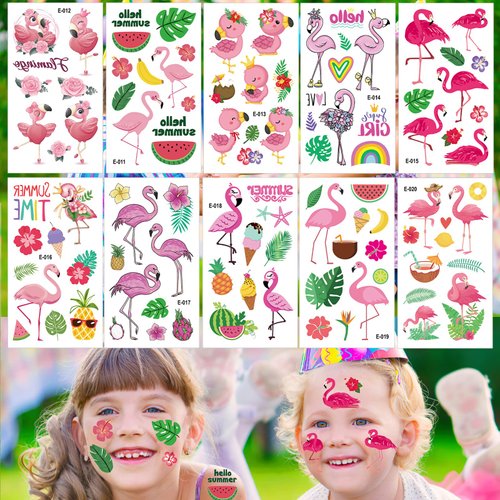 Qpout 20 Sheets Flamingo Tattoos 194 PCS Summer Temporary Tattoos for Kids Pink Cute Face Fake Tattoos Sticker for Girls Baby Shower Prizes Rewards Flamingo Party Supplies Decorations