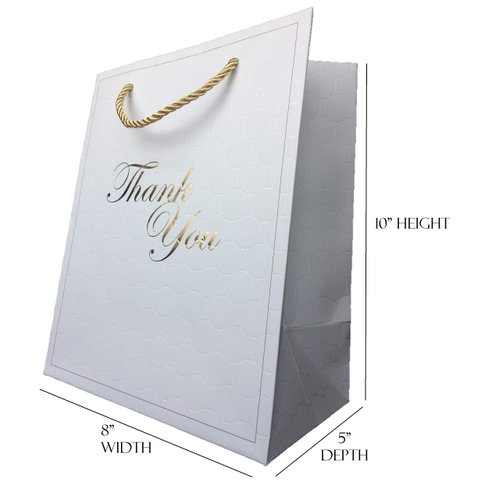 MODEENI 8x10 Pure White Thank You Gift Bags with Gold Foil Handles - 12 Bags - Medium Size 8x5x10 - Luxury Paper Shopping Boutique Bags with Matte Embossed Finish