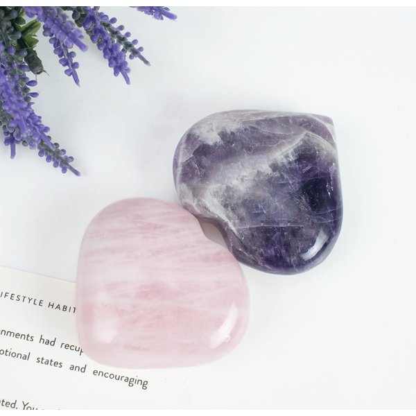Crocon 2 pcs 50mm Crystal Heart Amethyst & Rose Quartz, (Set of 2) Healing Stone for Heart Chakra Crystal Heart Shape Love Heart Crystal Gift Pocket Stone Reiki Meditation Gift for him her