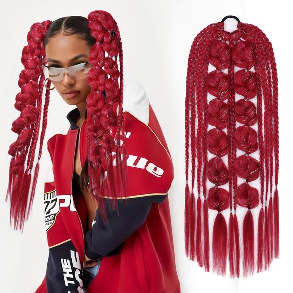 YOGFIT Colored Hair Extensions Long Braided Bubble Ponytail Extension with Hair Tie, 24'' Crazy Hair Day Accessories for Women Festival Rave Braids, Red Hair Extensions with Tinsel