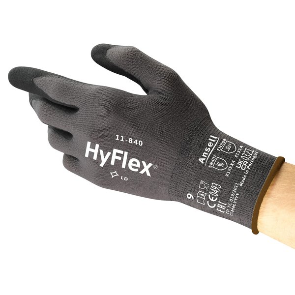 HyFlex 11-840 Ergonomic Abrasion-Resistant Nitrile Foam Industrial Gloves for Automotive, Fabrication, EMS, Utilities - Size 9, Black (12 Pairs)