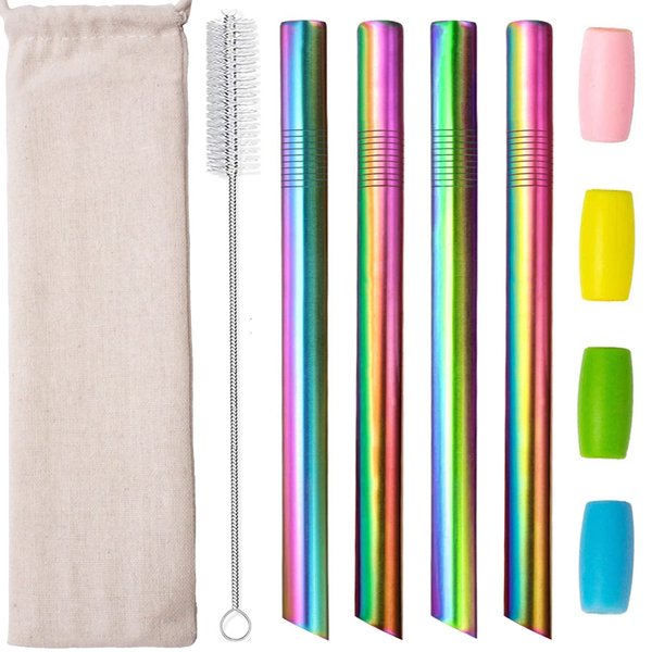 Reusable Boba Smoothie Straw Rainbow Metal Straws Wide Thick Fat Angled Tip Sharp End Straw for Milkshake Jumbo Bubble Tea Straws With Carry Case Bag Silicone Tips Brush 12mm 0.5in 4 Pack