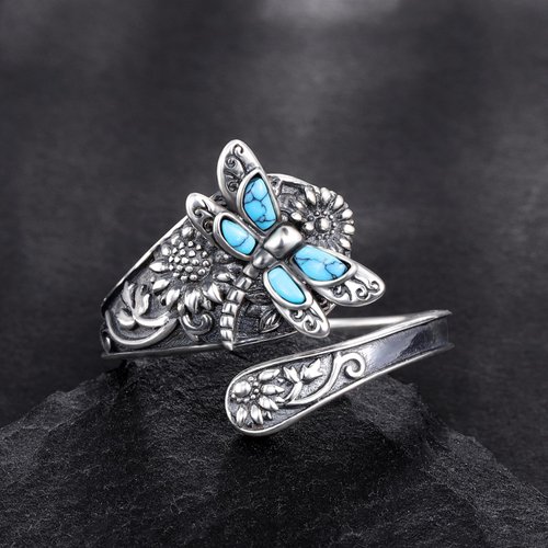 EJALEN Sterling-Silver Turquoise Dragonfly Spoon Ring - Vintage Boho Thumb Rings Oxidized Wrap Ring Victorian Style Antique Floral Jewelry Gifts for Women Girls (6#7#8#)