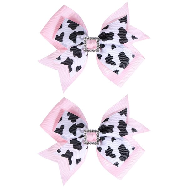4.3" Pink Cow Hair Bow Clips Animal Print Ribbon Bowknot Alligator Barrettes Hairpins for Cowgirls Toddler Teens Kids Theme Birthday Party Dress Outfit Costume Decor Accessories Gift