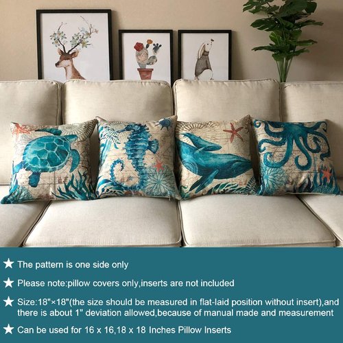 ULOVE LOVE YOURSELF Mediterranean Style Throw Pillow Case Sea Theme Decorative Square Cotton Linen Coastal Cushion Cover for 18 X 18 Inch Pillow Inserts, 4Pack Nautical Pillow Covers