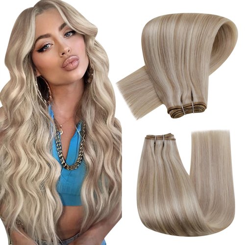 Hetto Blonde Weft Extensions Human Hair 22 Inch 100g Sew in Weft Hair Extensions Human Hair Blonde Brazilian Weft Human Hair Weft Weave Hair Extensions #18/613 Ash Blonde Highlight Bleach Blonde