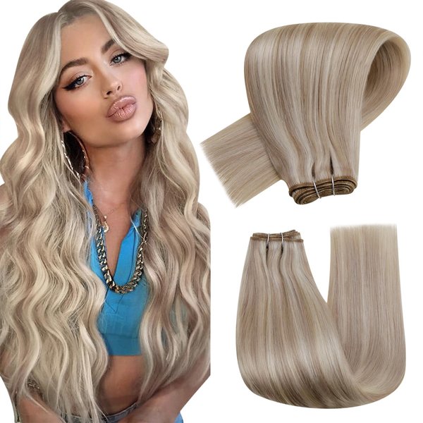 Hetto Blonde Weft Extensions Human Hair 22 Inch 100g Sew in Weft Hair Extensions Human Hair Blonde Brazilian Weft Human Hair Weft Weave Hair Extensions #18/613 Ash Blonde Highlight Bleach Blonde