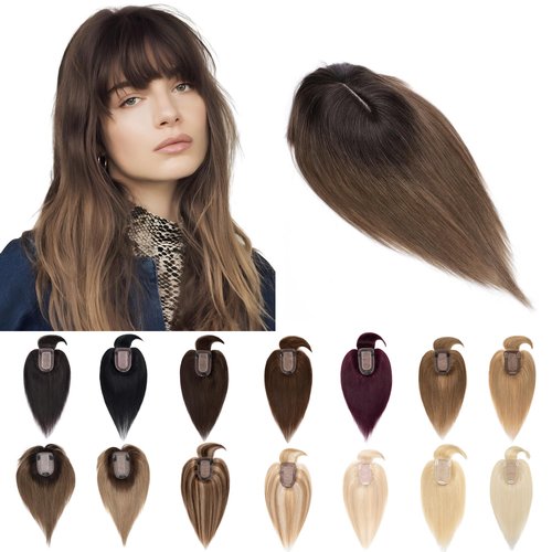 SEGO Hair Toppers for Women Real Human Hair With Bangs 7 * 13CM Silk Base 100% Remy Human Hair Clip in Top Wiglet Hair Pieces for Thinning Hair -12 Inch Dark Brown ombre Light Brown