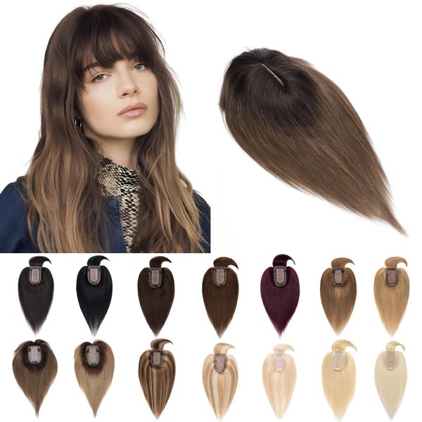 SEGO Hair Toppers for Women Real Human Hair With Bangs 7 * 13CM Silk Base 100% Remy Human Hair Clip in Top Wiglet Hair Pieces for Thinning Hair -12 Inch Dark Brown ombre Light Brown