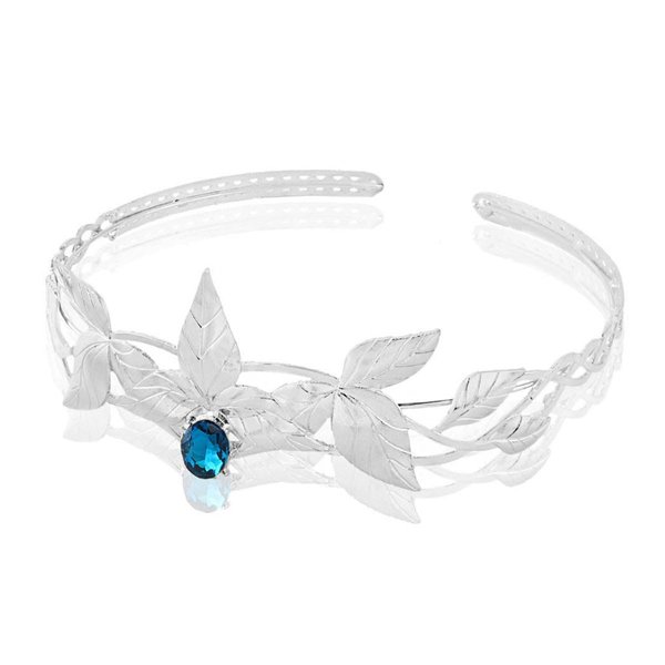 Alloy Leaf Crystal Greek Goddess Forehead Headdress Adjustable Hairband Elf Crown For Prom Birthday Party Valentines Costume (Silver With Blue Stone)