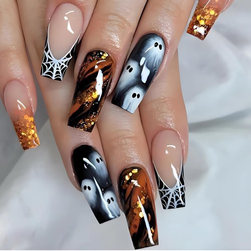 SINSEN Halloween Press on Nails Long Square Shape Halloween Fake Nails White Spider Web French False Nail Tips Halloween Ghost Nails Press ons Cute Holiday Manicure Decorations for Women 24Pcs