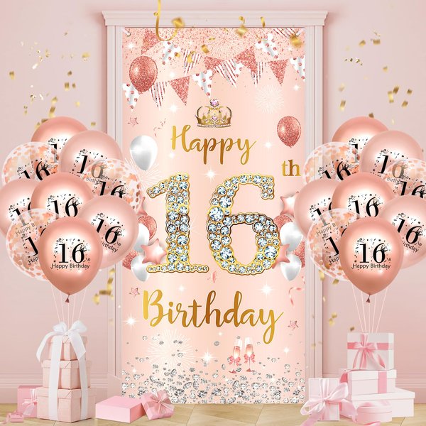 16th Birthday Party Decorations for Girls Rose Gold Happy 16th Birthday Banner with 18pcs 16th Balloons 16th Door Cover Backdrop Set for Girls Boys Birthday Anniversary Party Sign Porch Decor Supplies