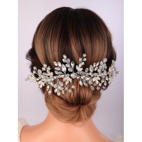 Teyglen Bride Wedding Rhinestone Hair Comb Bridal Crystal Headpiece Silver Crystal Wedding Headband with Comb Handmade Leaf Hair Piece Hair Accessories for Women Girls (Silver)