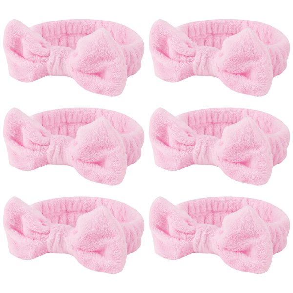 Casoty 6 Pcs Pink Spa Headband, Bow Hair Band, Hair Band for Washing Face, Makeup Headband, Skincare Headbands, Soft Coral Fleece Makeup Headband for Face Washing Yoga