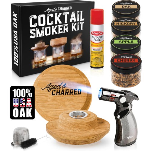 Cocktail Smoker Kit with Torch and Butane - 100% USA Oak Smoker, High-End Set - Old Fashioned Cocktail Kit for Whiskey - Bourbon Gifts for Men - Gift from Wife, Daughter, Son