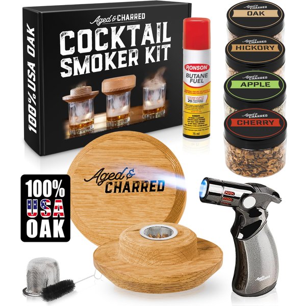 Cocktail Smoker Kit with Torch and Butane - 100% USA Oak Smoker, High-End Set - Old Fashioned Cocktail Kit for Whiskey - Bourbon Gifts for Men - Gift from Wife, Daughter, Son