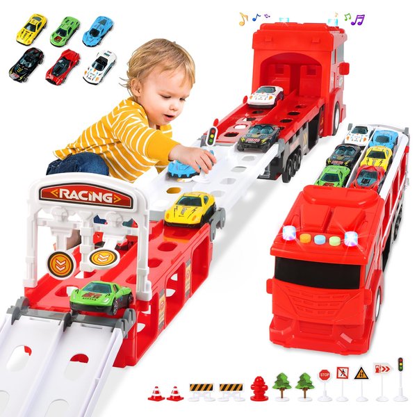 ITEFDTUTNE Carrier Truck Race Car Track Set for Toddlers Toys, 4 FT Race Track and 6 Die-Cast Toy Cars, Truck Toy with Lights & Sounds Xmas Gifts for 3 4 5 6 7 8 Years Old Kids Boys Girls (Red)