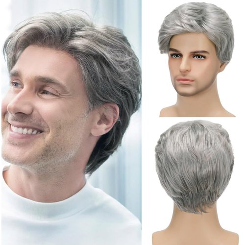 Sabosi Men's Grey Wigs Short Wigs Natural Looking Heat Resistant Synthetic Hair with Adjustable Cap 180g
