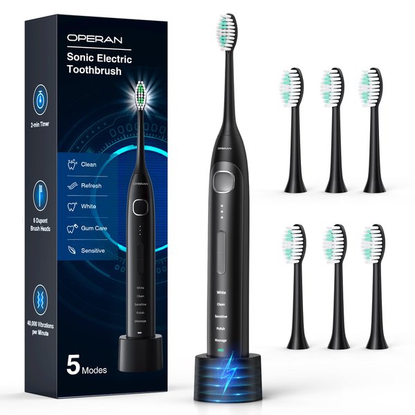 Operan Electric Toothbrush for Adults and Kids High Power Sonic Rechargeable Toothbrush with Smart Timer 5 Modes 6 Brush Heads 40,000 VPM Motor 6 Hours Fast Charge for 100 Days (Black)