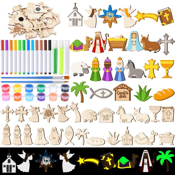 Mootycapa 24 Pcs Christmas Christian DIY Wooden Magnets to Paint, Nativity Scene Glow in The Dark Wood Painting Crafts, Jesus Fridge Magnets Craft Kits for Boys Girls School Home Party Activities
