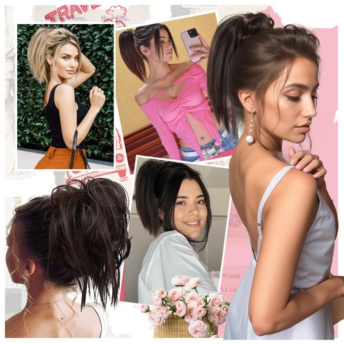 Netoe Ponytail Extension 10" Short Claw Clip in Pony Tails Hair Extensions Clip on Ponytails for Women Messy Bun Hair Piece Synthetic Clip in Hair Extensions for Girls Daily wear(Black & Pink)