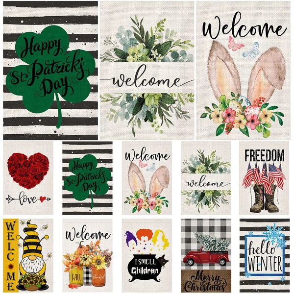 Doncida Seasonal Garden Flags Set of 10 Double Sided Burlap 12x18 Inch Welcome Easter Spring Holidays Garden Flag, Small Yard Flag for Outdoor Decorations