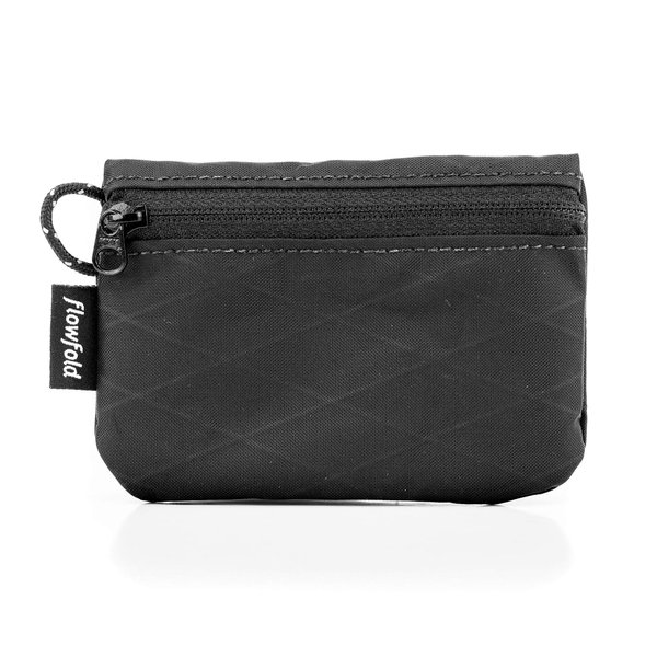 Flowfold Recycled Fabric Mini Zipper Pouch Water Repellent Small Pouch Wallet & Card Pouch for Keys, ID, Coins & AirPods Case Made in USA (Black, Recycled Material)