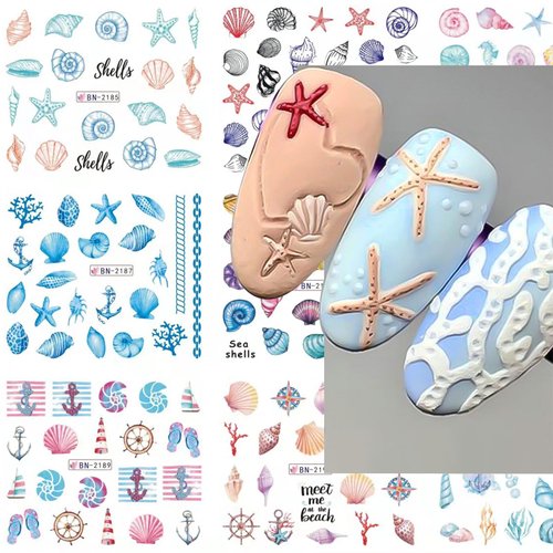 MAIOUSU STORE 12 Sheets Ocean Water Transfer Nail Decals Sea Shell Starfish Sea Summer Nail Decals Watermark Nail Designs Manicure Stickers Nail Art Accessories(16)