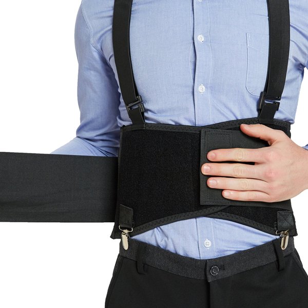 NeoTech Care Lumbar Brace with Removable Pants Clips & Detachable Suspenders - Back Support Belt - Adjustable, Light, Breathable - Shoulder Holsters - Work, Posture - Black (Size M)