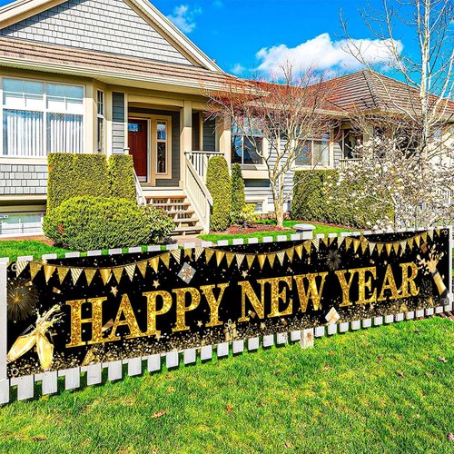 Happy New Year Banner, 2025 New Year Eve Party Decorations, Black Gold New Years Background Banner 2025 for New Years Eve Party Supplies, Cheers to Happy New Year Banner Outdoor 2025 NYE Decoration