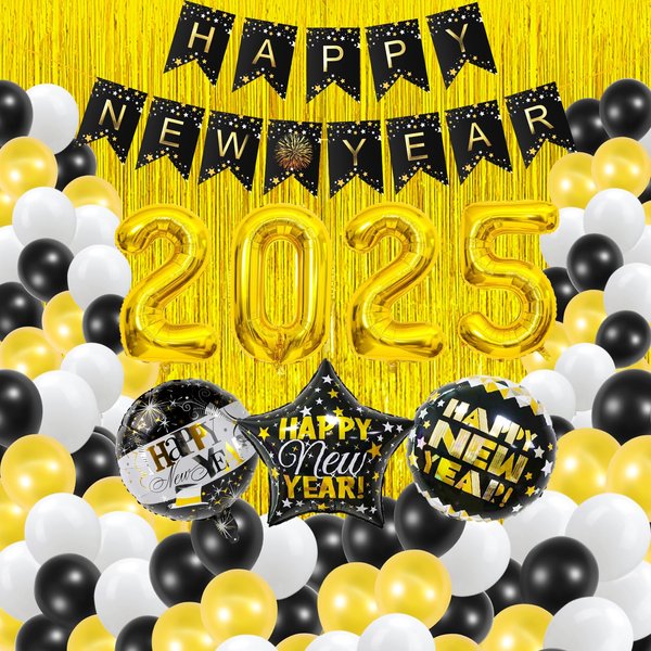 Fikowo New Years Eve Party Supplies 2025, New Years Decorations Party Decorations, Happy New Year 2025 Kit, New Years Eve Decorations Includes Banners, Balloons, Tassel Curtains, Dot Glue Party Decor