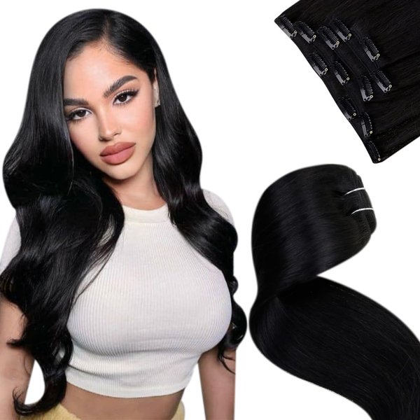 LaaVoo Hair Extensions Clip ins Real Human Hair Jet Black Clip in Hair Extensions Black Women 16 Inch Clip in Hair Extensions Real Human Hair Silky Straight Double Weft 5pcs 80G
