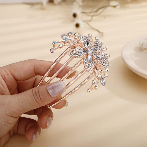 Aimimier Flower Crystal French Hair Comb Luxury Rhinestone Gem Side Combs Long Teeth Hair Pins Wedding Hair Accessories for Women Girls(Clear)