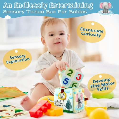 WERNNSAI Baby Tissue Box Toy Soft Montessori Toys for Babies 6-12 Months High Contrast Crinkle Sensory Toys with 4 Crinkle Tissue & 8 Silk Scarves for Newborns Infants Early Learning Gift
