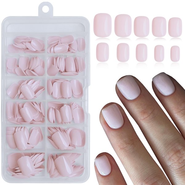 LoveOurHome 240PC Square Press on Nails Short Fake Nail, Short Press on Nails Square Light Pink Glue on Nail Full Cover Artificial Fingernail Girls Kids XS Acrylic Nail Press Nail with Adhesive Tab