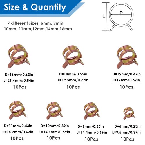 Tnisesm 70 Pcs Spring Band Type Action Pipe Clamp, Air Hose Tube Water Pipe Fuel Pipe Silicone Vacuum Hose Clamp Fasteners Assortment Kit(6mm, 9mm, 10mm, 11mm, 12mm, 14mm, 16mm) TN-23