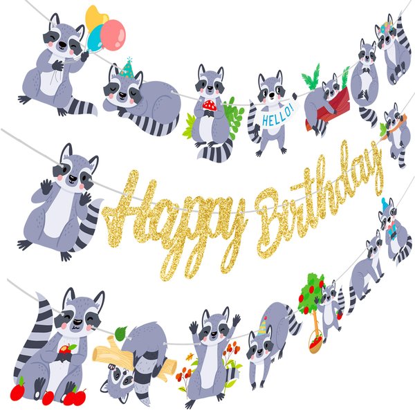 Raccoon Birthday Party Banners 3Pcs Raccoon Birthday Decorations Gold Glitter Happy Birthday Banners Woodland Themed Party Decorations for Raccoon Theme Birthday Forest Animal Baby Shower Supplies