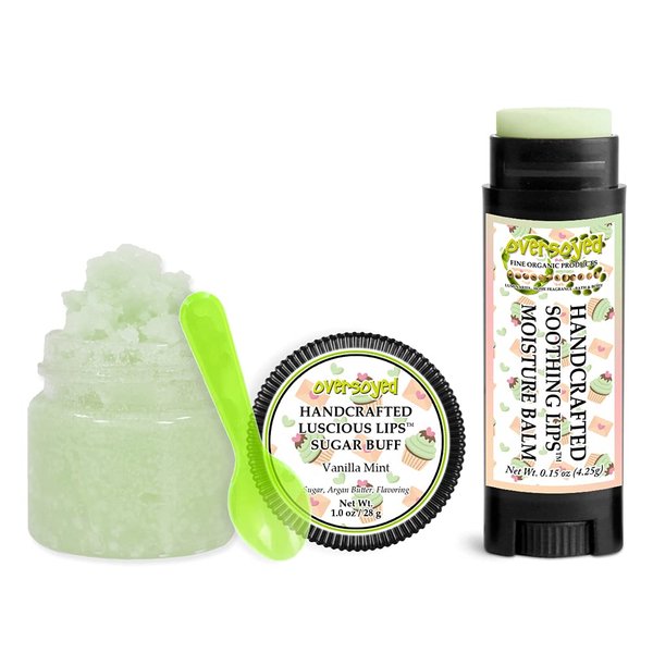 Vanilla Mint Soothing & Luscious Lips by OverSoyed Exfoliator & Chapped Lip Repair Lip Care Combo | Artisan Handcrafted to Order Refreshing Mint Sweet Vanilla Flavored Exfoliating Sugar Lip Scrub & Lip Moisturizer Balm Gift Set