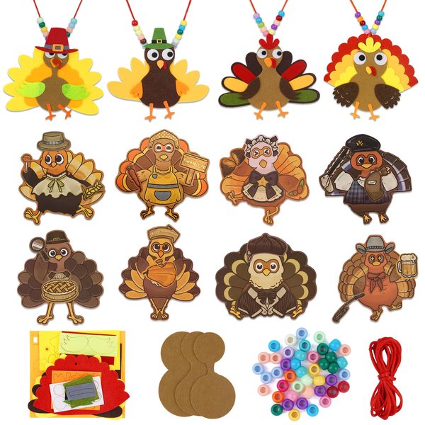 FVNPIHAM Thanksgiving Craft Kits for Kids, Turkey Crafts Felt Turkey Necklace Craft DIY Fall Crafts Make a Turkey Stickers, Classroom Activities Party Favors Supplies 12 Sets