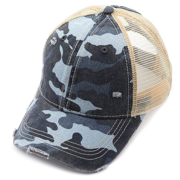 C.C Exclusives Hatsandscarf Washed Distressed Cotton Denim Ponytail Hat Adjustable Baseball Cap (BT-15) (Blue/Camo)