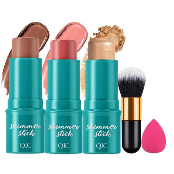 RoseFlower 3pcs Face Contour Stick, Highlighter Stick Blush Stick Cream Contour Kit Makeup Set with Brush, Contouring Stick for Fair Skin, Concealer Stick Makeup Gift for Beginner Women Teen Girls