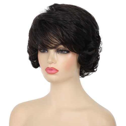 Kaneles Short Curly Wavy Black Wigs for Women Heat Resistant Synthetic Full Head Hair Costume Wig Natural Looking