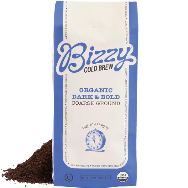 Bizzy Organic Cold Brew Coffee | Dark & Bold Blend | Coarse Ground Coffee | Dark Roast | Micro Sifted | Specialty Grade | 100% Arabica | 1 LB
