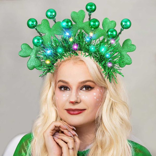 Catery St Patrick's Day Headband Light Up Shamrock Headbands Glitter Ball Hairbands Irish Saint Patrick's Day Headwear Party Favor Hair Accessories for Women and Girls