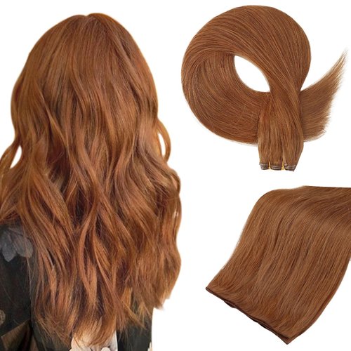 Full Shine 22 Inch Genius Weft Hair Extensions Hand Tied Weft Human Hair Copper Human Hair Weft Extension Remy Hair Copper Auburn #330 Silky Straight Remy Hair Weft Extensions Silky Hair 60G