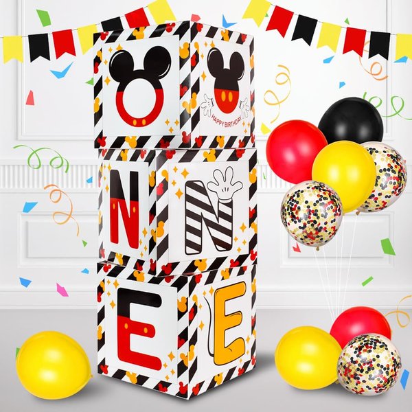 TONIFUL Mouse 1st Birthday Party Supplies Red Yellow Black Balloon Box with Letters，Red Mouse Theme One Years Old Birthday Party Favors for Kids Baby Shower First Birthday Decoration