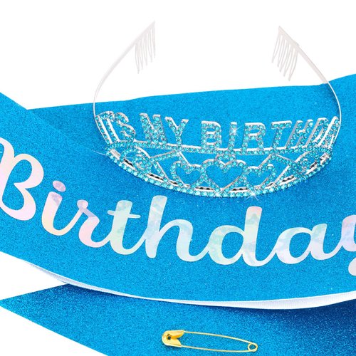 BAHABY It's My Birthday Sash & Rhinestone Birthday Tiara Set Birthday Sash and Crowns for Women Happy Birthday Decorationss- Blue